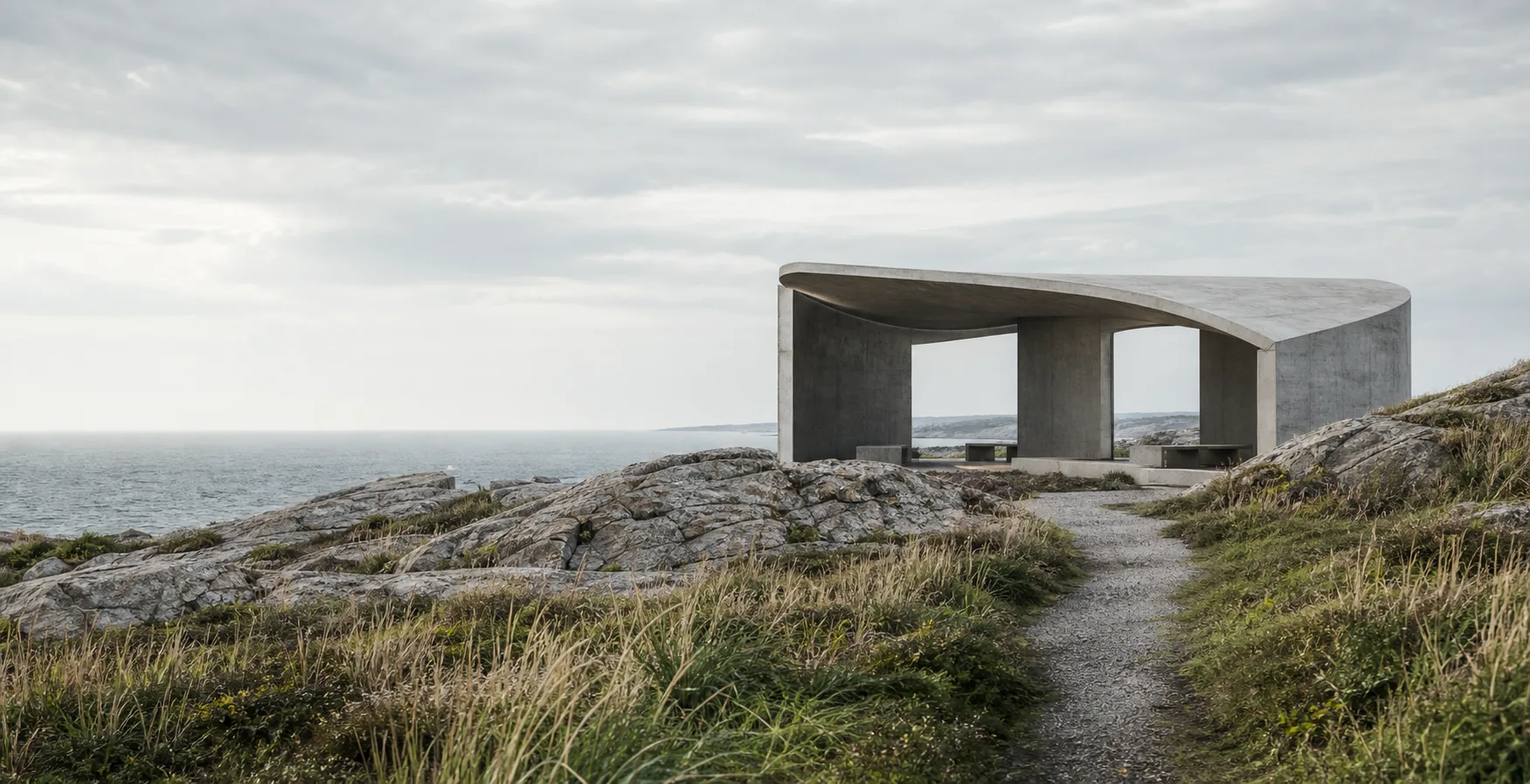 A modern pavilion opening toward the ocean